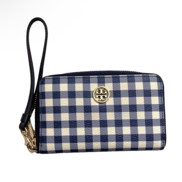 Tory Burch Robinson checked gingham blue and white wallet wristlet